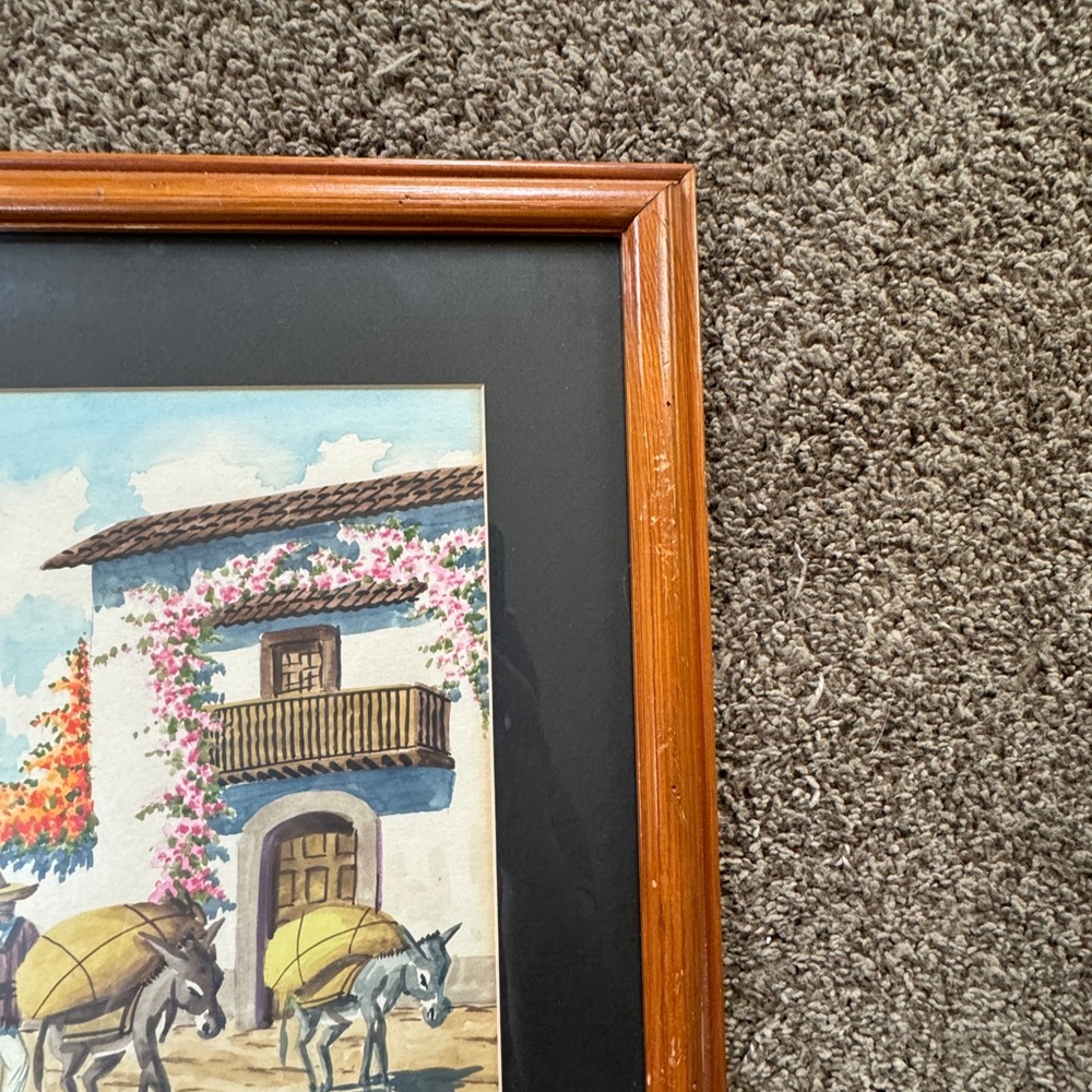 Vintage Framed Watercolor Mexican Villager with Donkeys by J. Cruz - Picture 6 of 7
